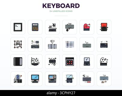 Industry-leading pack of 24 LineFill PIXEL perfect vector icons for Keyboard, sized at 128x128 for optimal rendering and user interface excellence. Stock Vector