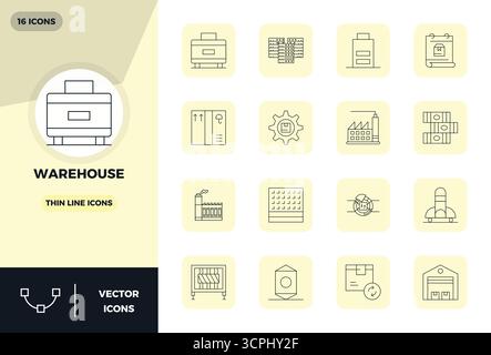 A dynamic set of 16 vector icons in Thin Line, tailored for Warehouse with 128x128 PIXEL perfect quality suited for digital products. Stock Vector