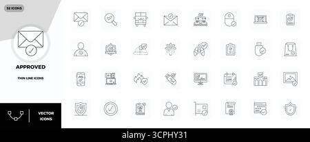 Innovative pack of 32 vector icons themed around Approved, showcasing Thin Line design in 128x128 PIXEL perfect format for modern digital solutions. Stock Vector