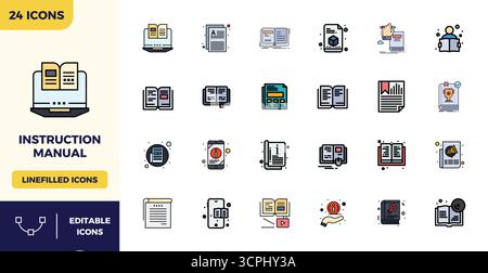Masterfully created 24 vector icons representing Instruction Manual in Flat Lineal Color design, featuring 128x128 PIXEL perfect resolution for except Stock Vector