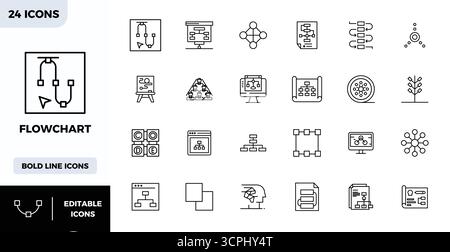 This collection features 24 Heavy Line PIXEL perfect vector icons tailored to the Flowchart theme, optimized in 128x128 format for digital design. Stock Vector