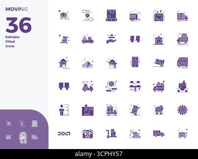 State-of-the-art bundle featuring 36 PIXEL perfect vector icons inspired by Moving, created in Glyph Filled format at 128x128 for next-generation inte Stock Vector