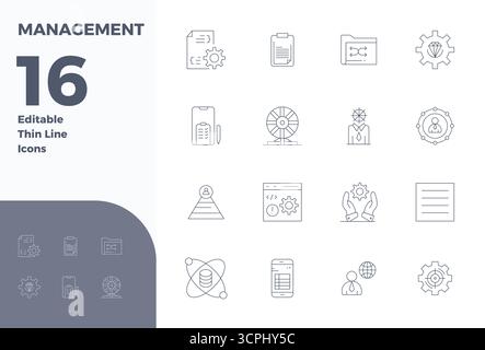 Transform your designs with 16 Thin Line vector icons themed around Management, engineered in 128x128 PIXEL perfect resolution for maximum clarity. Stock Vector