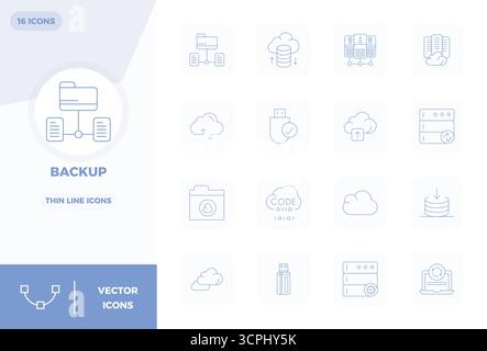 Thoughtfully designed 16 vector icons themed around Backup, crafted in Thin Line with 128x128 PIXEL perfect precision for contemporary design needs. Stock Vector