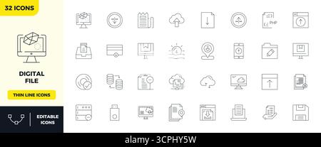 A versatile set of 32 Minimal Line PIXEL perfect vector icons focused on Digital File, delivered in crisp 128x128 format ideal for mobile and web appl Stock Vector