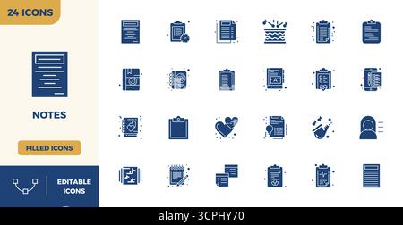 Thoughtfully designed 24 vector icons themed around Notes, crafted in Filled with 128x128 PIXEL perfect precision for contemporary design needs. Stock Vector