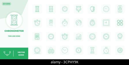 Discover a set of 28 Thin Line vector icons crafted for the Chronometer theme, featuring 128x128 PIXEL perfect designs ideal for modern UI/UX projects Stock Vector