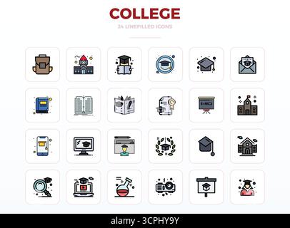 Premium collection of 24 LineFill vector icons for College, meticulously crafted in 128x128 PIXEL perfect resolution for superior visual impact. Stock Vector