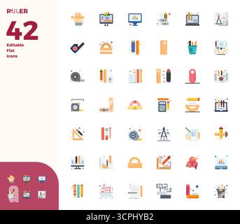 Artfully designed 42 Flat PIXEL perfect vector icons for Ruler, delivered in 128x128 format for consistent visual excellence. Stock Vector