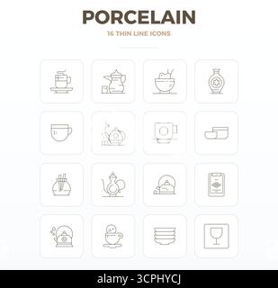 Enhance your projects with 16 Thin Outline vector icons themed around Porcelain, featuring 128x128 PIXEL perfect resolution ideal for clean and profes Stock Vector