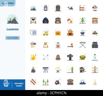 This set of 42 Flat Color vector icons captures Camping themes in 128x128 PIXEL perfect quality, perfect for tech and business applications. Stock Vector