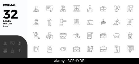 Refined bundle featuring 32 Thin Line vector icons for Formal, optimized with 128x128 PIXEL perfect quality for elegant and functional design solution Stock Vector
