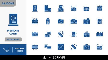 Vector pack with 24 Filled PIXEL perfect icons inspired by Memory Card, delivered in 128x128 resolution ideal for scalable and creative design work. Stock Vector
