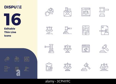 High-performance collection of 16 Thin Line vector icons for Dispute, engineered with 128x128 PIXEL perfect resolution for optimal user interface desi Stock Vector