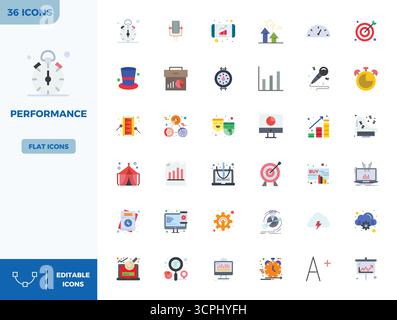 This collection features 36 Flat Color PIXEL perfect vector icons tailored to the Performance theme, optimized in 128x128 format for digital design. Stock Vector