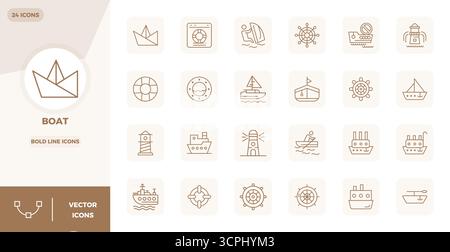 Transform your designs with 24 Bold Line vector icons themed around Boat, engineered in 128x128 PIXEL perfect resolution for maximum clarity. Stock Vector