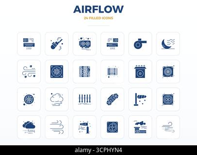 Innovative pack of 24 vector icons themed around Airflow, showcasing SolidFill design in 128x128 PIXEL perfect format for modern digital solutions. Stock Vector