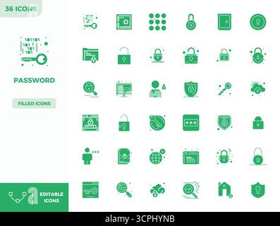 Thoughtfully designed 36 vector icons themed around Password, crafted in Filled with 128x128 PIXEL perfect precision for contemporary design needs. Stock Vector