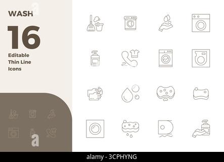 This set of 16 Thin Line vector icons captures Wash themes in 128x128 PIXEL perfect quality, perfect for tech and business applications. Stock Vector