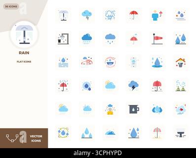 Handcrafted collection featuring 36 Flat vector icons for Rain, optimized in 128x128 PIXEL perfect resolution for premium digital experiences. Stock Vector