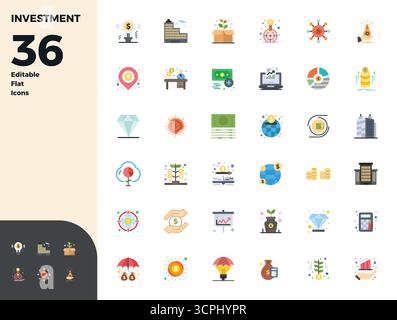 Download 36 scalable Flat vector icons designed for Investment, featuring PIXEL perfect 128x128 resolution suitable for professional and creative proj Stock Vector
