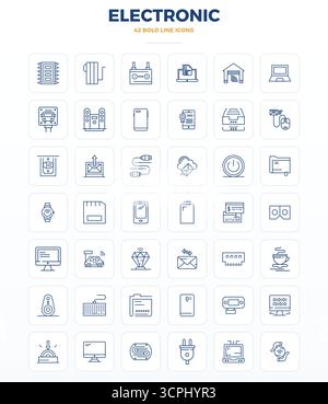 Handcrafted collection featuring 42 Strong Outline vector icons for Electronic, optimized in 128x128 PIXEL perfect resolution for premium digital expe Stock Vector