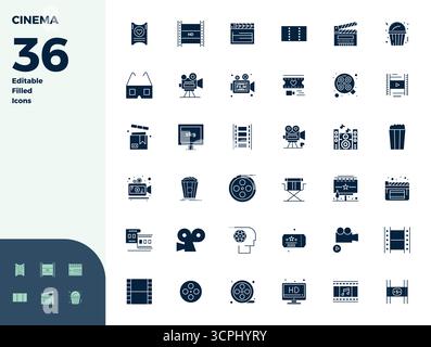 State-of-the-art bundle featuring 36 PIXEL perfect vector icons inspired by Cinema, created in Glyph Filled format at 128x128 for next-generation inte Stock Vector