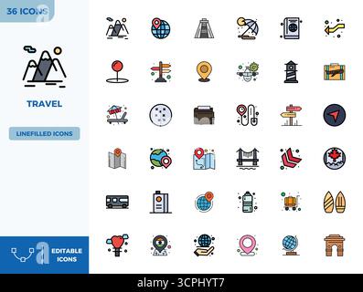 Distinctive pack of 36 PIXEL perfect vector icons inspired by Travel, crafted in Flat Lineal Color format at 128x128 for memorable brand experiences. Stock Vector