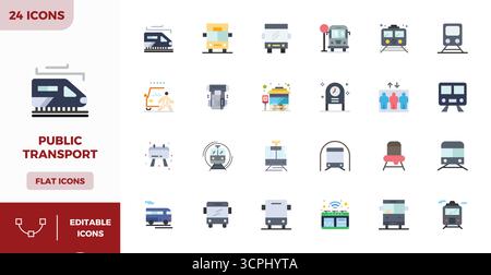 Perfectly balanced 24 Flat Color PIXEL perfect vector icons for Public Transport, sized at 128x128 for harmonious integration in digital design projec Stock Vector