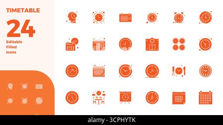 Exclusive collection of 24 Glyph Filled vector icons for Timetable, developed with 128x128 PIXEL perfect resolution for premium brand experiences. Stock Vector