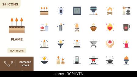 Unlock 24 Flat Color PIXEL perfect vector icons inspired by Flame, optimized in 128x128 format for flawless display across all devices. Stock Vector