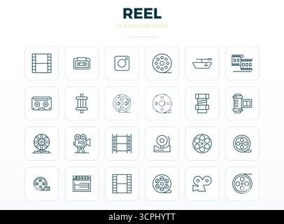 Innovative pack of 24 vector icons themed around Reel, showcasing Strong Outline design in 128x128 PIXEL perfect format for modern digital solutions. Stock Vector
