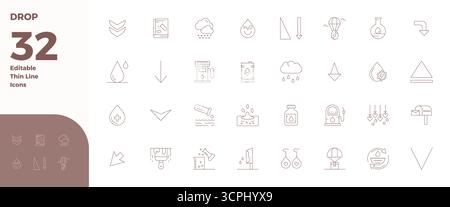 Precision-engineered 32 Thin Line vector icons for Drop, designed at 128x128 PIXEL perfect resolution for exceptional clarity and scalability. Stock Vector