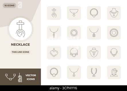 Beautifully rendered 16 Thin Line PIXEL perfect vector icons for Necklace, created at 128x128 resolution for stunning visual consistency across platfo Stock Vector