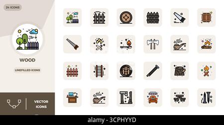 Perfectly balanced 24 LineFilled PIXEL perfect vector icons for Wood, sized at 128x128 for harmonious integration in digital design projects. Stock Vector