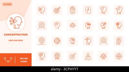 Contemporary collection of 24 vector icons representing Concentration in Bold Line aesthetic, featuring 128x128 PIXEL perfect resolution for modern ap Stock Vector