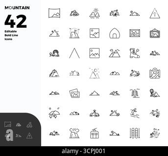 Download 42 scalable Bold Line vector icons designed for Mountain, featuring PIXEL perfect 128x128 resolution suitable for professional and creative p Stock Vector