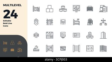 Precision-engineered 24 Bold Line vector icons for MultiLevel, designed at 128x128 PIXEL perfect resolution for exceptional clarity and scalability. Stock Vector