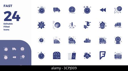 Artfully designed 24 Glyph Filled PIXEL perfect vector icons for Fast, delivered in 128x128 format for consistent visual excellence. Stock Vector