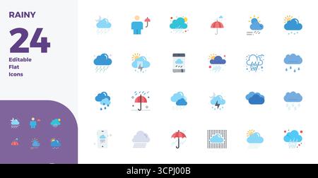Collection of 24 Flat PIXEL perfect vector icons for Rainy, designed in 128x128 format for clarity and versatility. Stock Vector