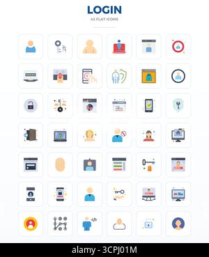 Professionally designed 42 vector icons in Minimal Flat, capturing the essence of Login with 128x128 PIXEL perfect precision for UI design. Stock Vector