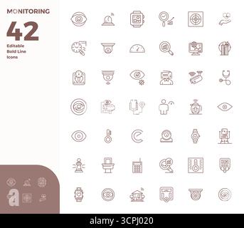 State-of-the-art bundle featuring 42 PIXEL perfect vector icons inspired by Monitoring, created in Bold Line format at 128x128 for next-generation int Stock Vector