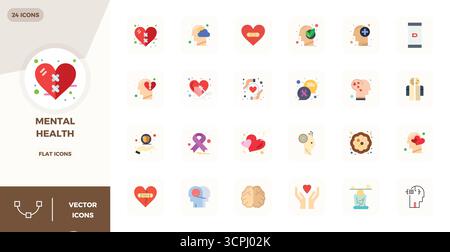 Premium collection of 24 Flat vector icons for Mental Health, meticulously crafted in 128x128 PIXEL perfect resolution for superior visual impact. Stock Vector