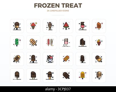 Refined bundle featuring 24 LineFill vector icons for Frozen Treat, optimized with 128x128 PIXEL perfect quality for elegant and functional design sol Stock Vector