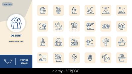 Explore 24 Bold Line PIXEL perfect vector icons in 128x128 resolution inspired by Desert. Perfect for web and app interfaces. Stock Vector