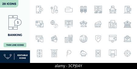 Artfully designed 28 Minimal Line PIXEL perfect vector icons for Banking, delivered in 128x128 format for consistent visual excellence. Stock Vector