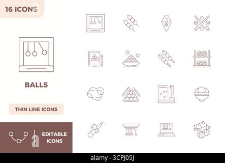 Professional-grade collection of 16 Minimal Line vector icons representing Balls, crafted with 128x128 PIXEL perfect precision for enterprise applicat Stock Vector