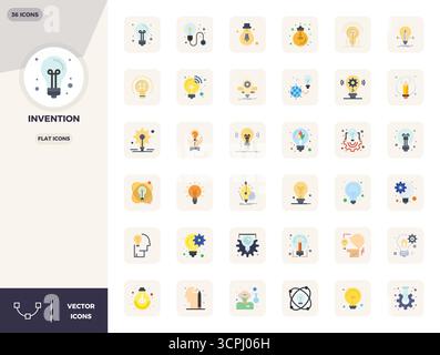 Download 36 scalable Flat vector icons designed for Invention, featuring PIXEL perfect 128x128 resolution suitable for professional and creative proje Stock Vector