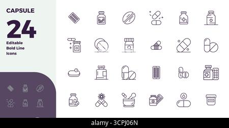 Essential pack of 24 PIXEL perfect vector icons for Capsule in Bold Line format, sized at 128x128 for optimal performance and scalability. Stock Vector