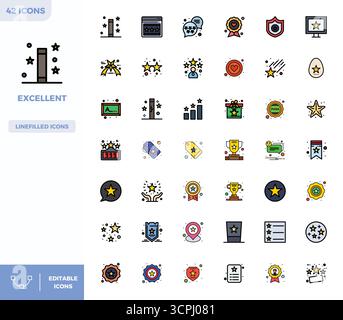 Curated pack of 42 128x128 vector icons in Flat Lineal Color design, centered around Excellent concepts with PIXEL perfect clarity. Stock Vector